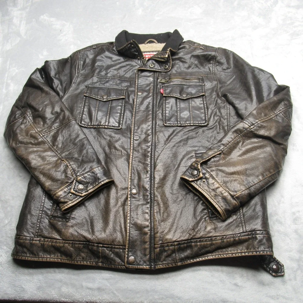 Levis Faux Leather Jacket Mens Large‎ Brown Sherpa Fleece Lined Full Zip Trucker - Picture 2 of 16